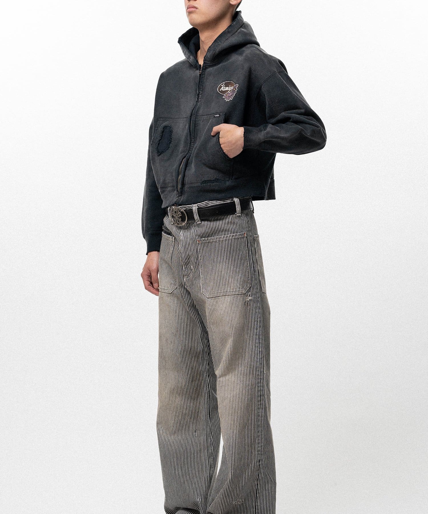 KAMIYA/Repaired Name Patch Zip Short Hoodie black L