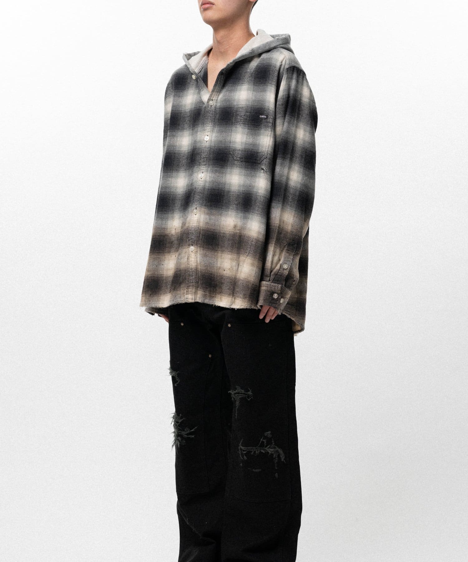 KAMIYA/Distressed Hooded Checked Shirt black M