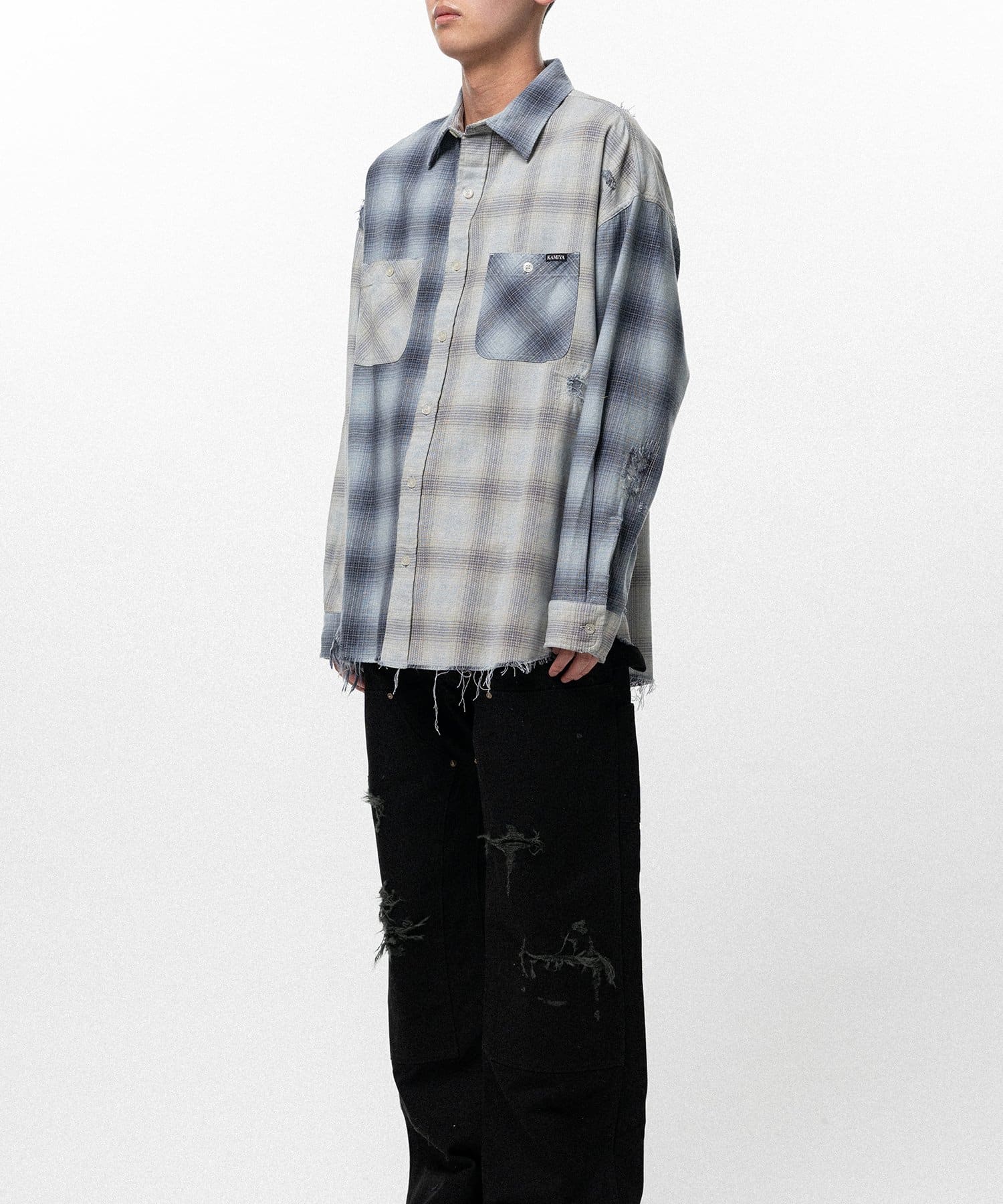 KAMIYA/Repaired Crazy Checked Shirt blue S