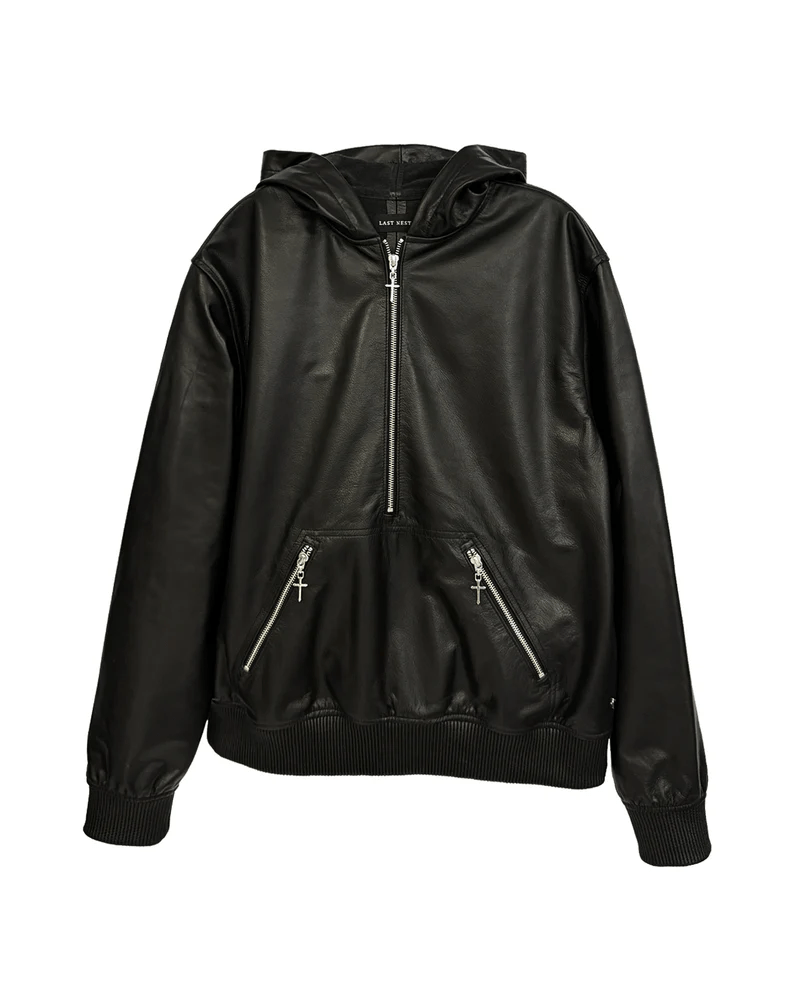 LAST NEST/Leather Hoodie / Black black M