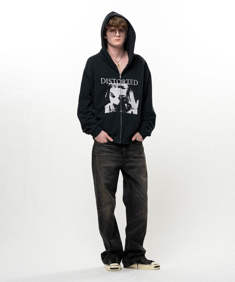 KAMIYA/"DISTORTED Girl" Zip-up Hoodie black S