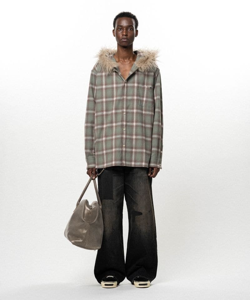 KAMIYA/Fur-Trimmed Hooded Check Shirt GREEN M