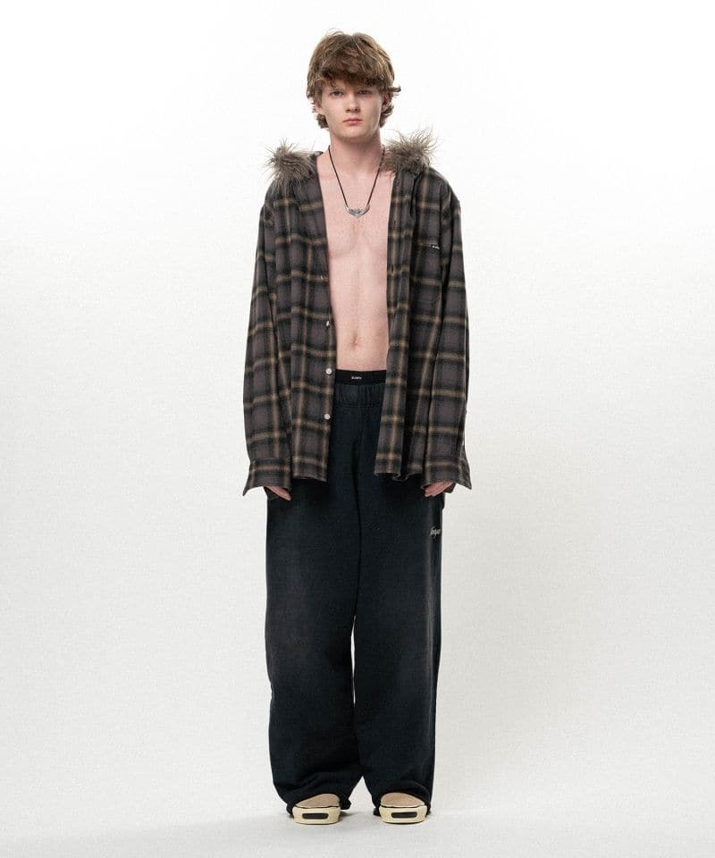 KAMIYA/Fur-Trimmed Hooded Check Shirt BROWN S