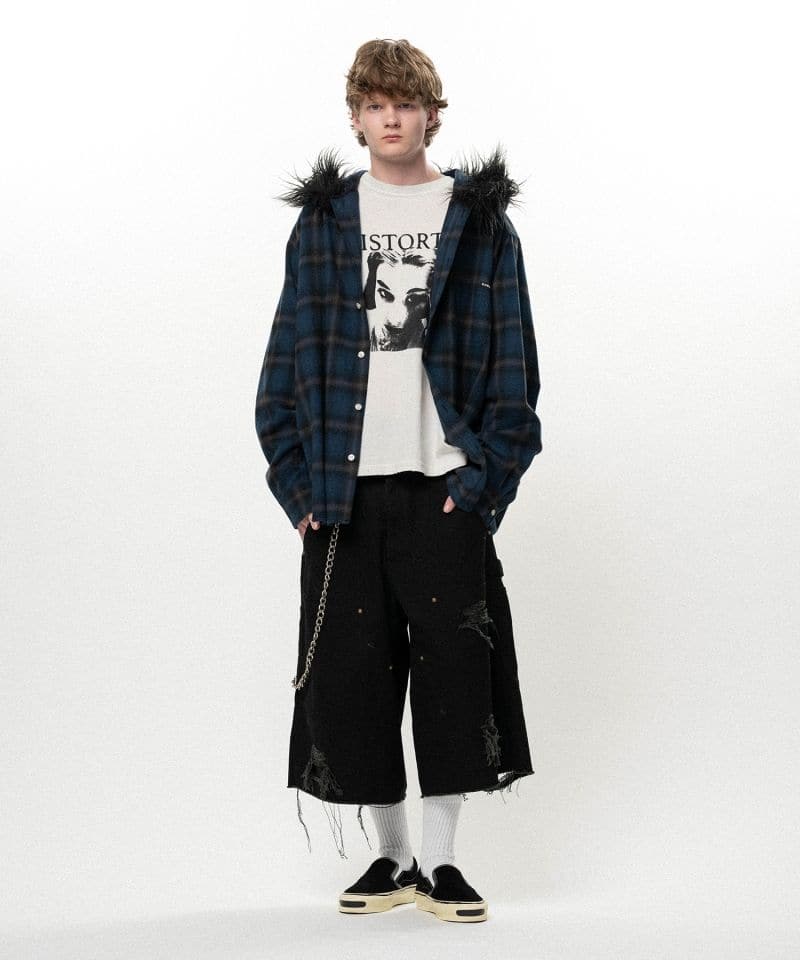 KAMIYA/Fur-Trimmed Hooded Check Shirt NAVY M