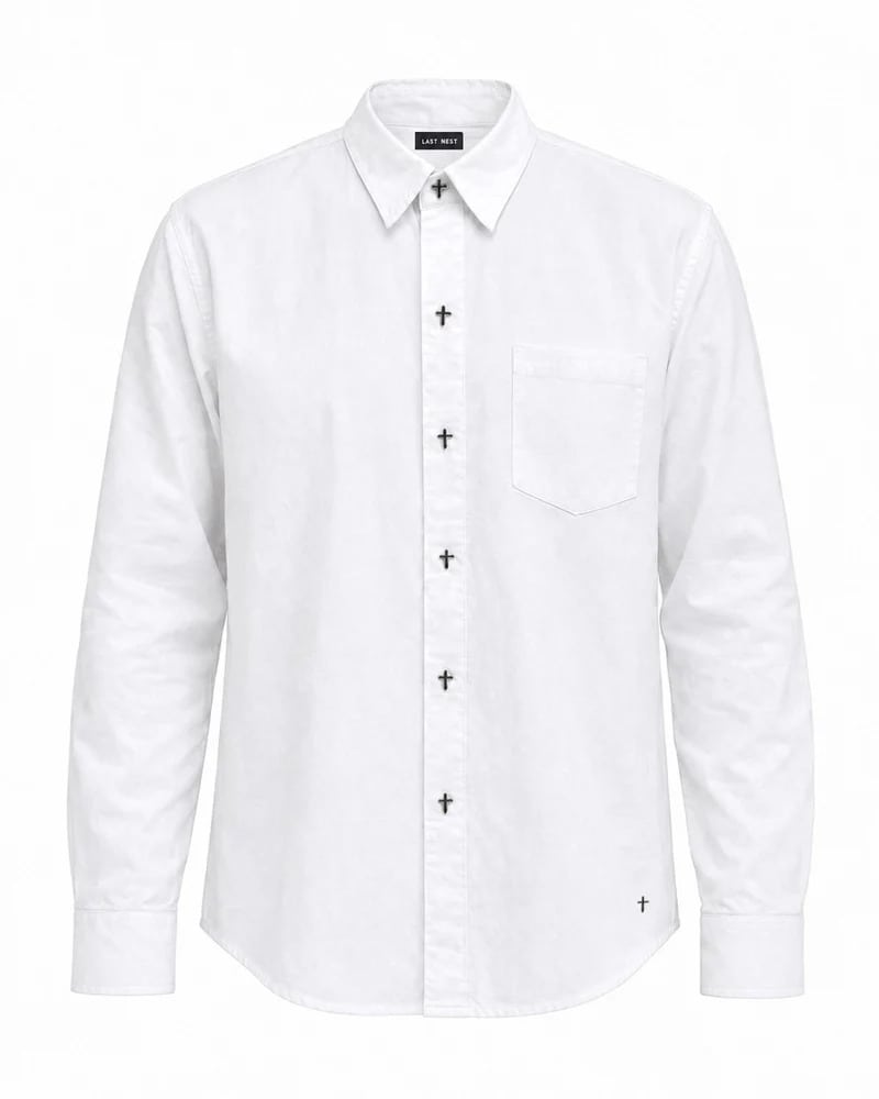 LAST NEST/White Cross Button L/S Shirts / White white L