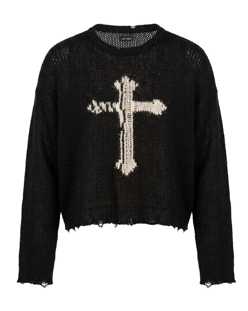 LAST NEST/Cross See-through Knit Sweater / Black black L