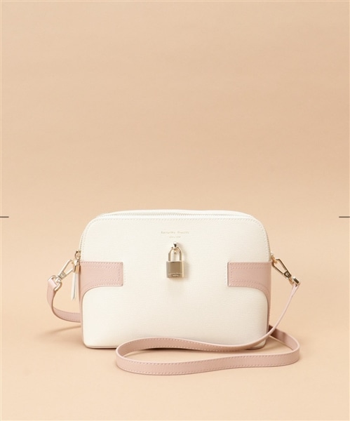 バイカラースクエアショルダーバッグ ピンクベージュ
