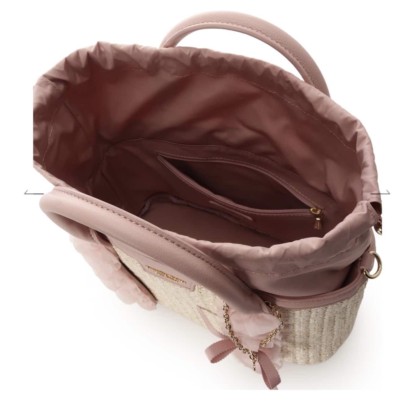 リボンチャーム付き フリルかごバッグ　ピンク