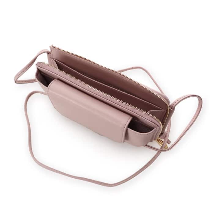 フラップレザースマホショルダー　ピンク