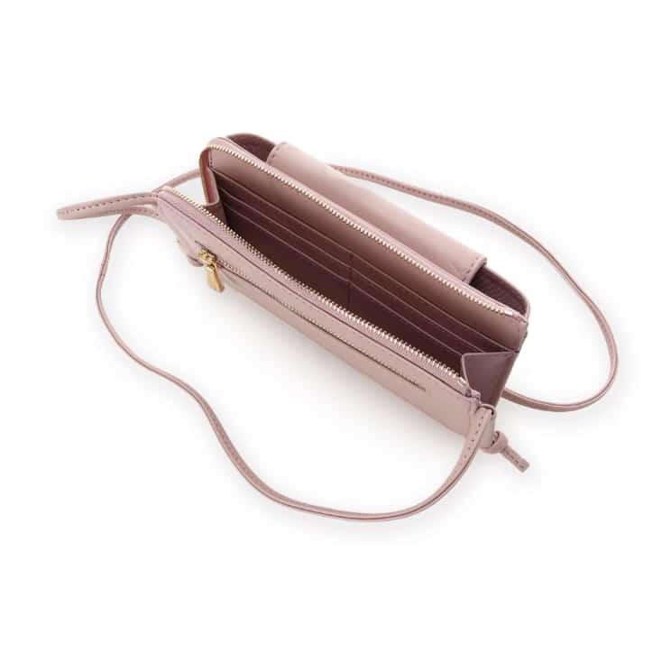 フラップレザースマホショルダー　ピンク