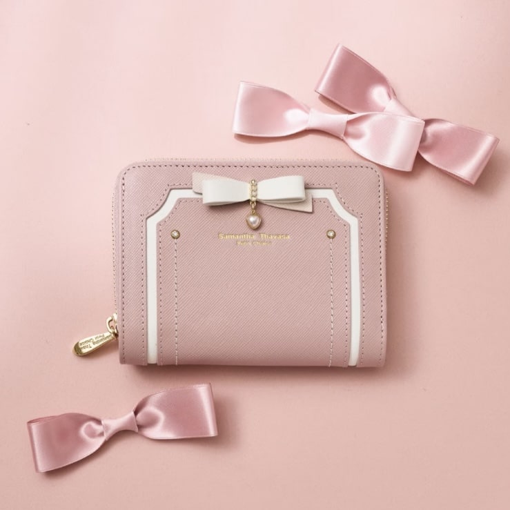 バイカラーリボン 折財布　ピンク