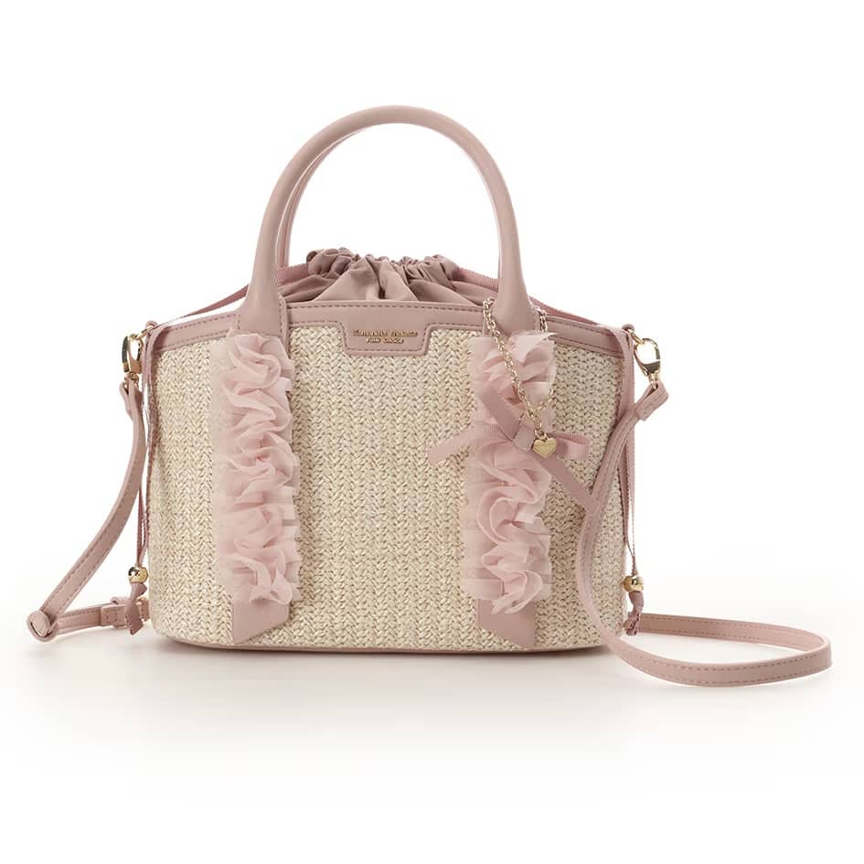 リボンチャーム付き フリルかごバッグ　ピンク