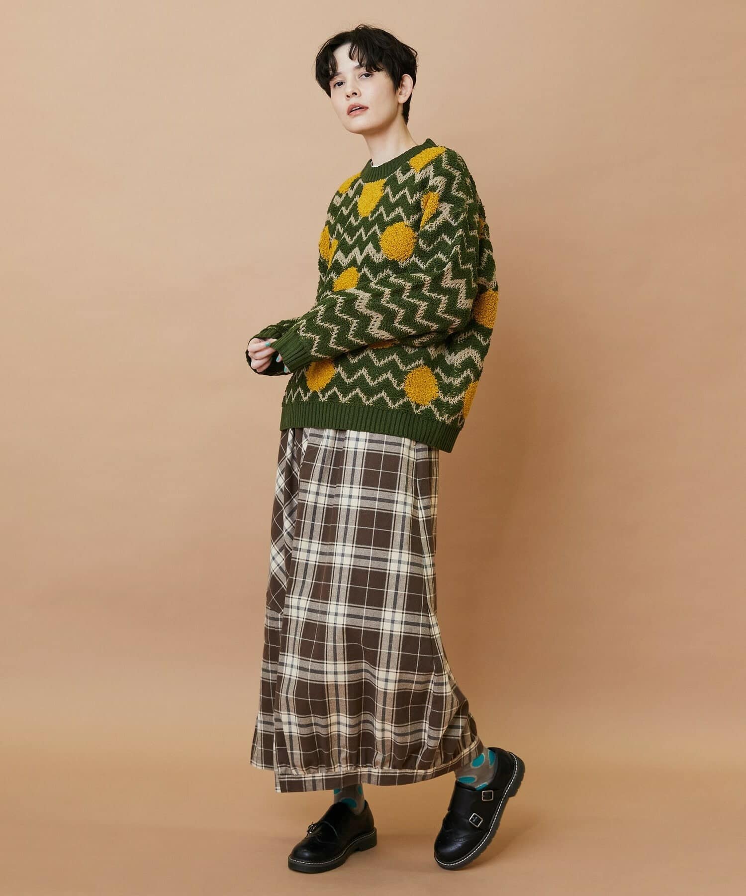 チェックパッチスカート ブラウン 0サイズ