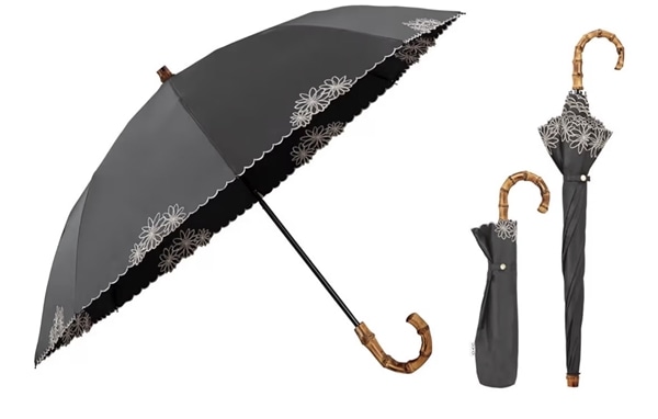 WPC残暑対策で人気の日傘【UVO】（ウーボ）折りたたみ傘　刺繍フラワー　ブラック　旧価格