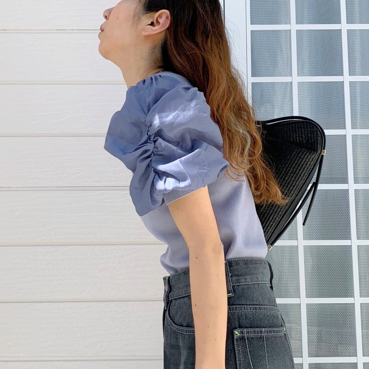 シアーギャザードッキングニット ブルー Free