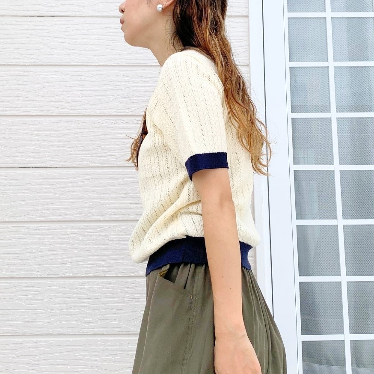 バイカラーケーブル半袖ニット アイボリー Free