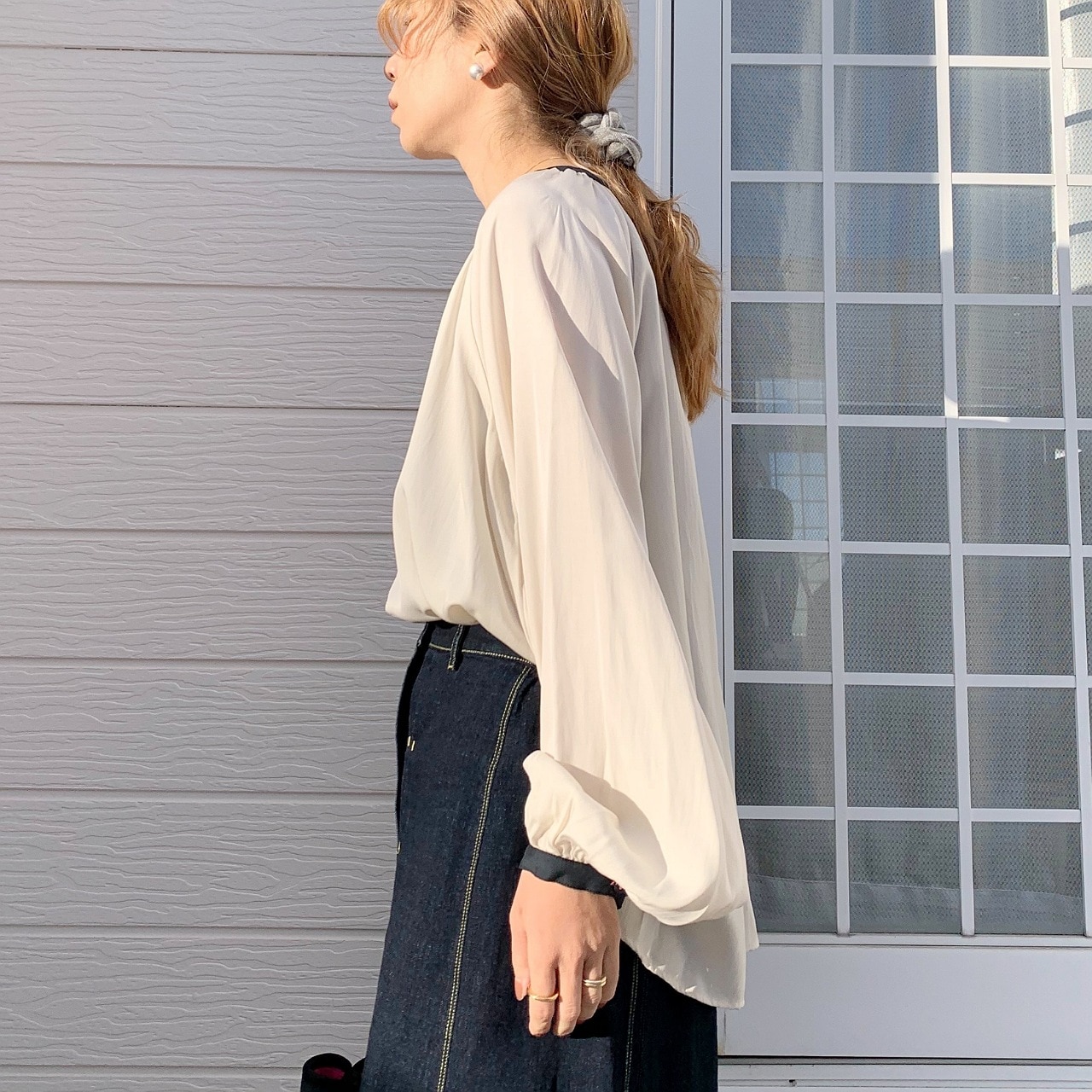 フロントZIPギャザーブラウス ライトエクリュ Free