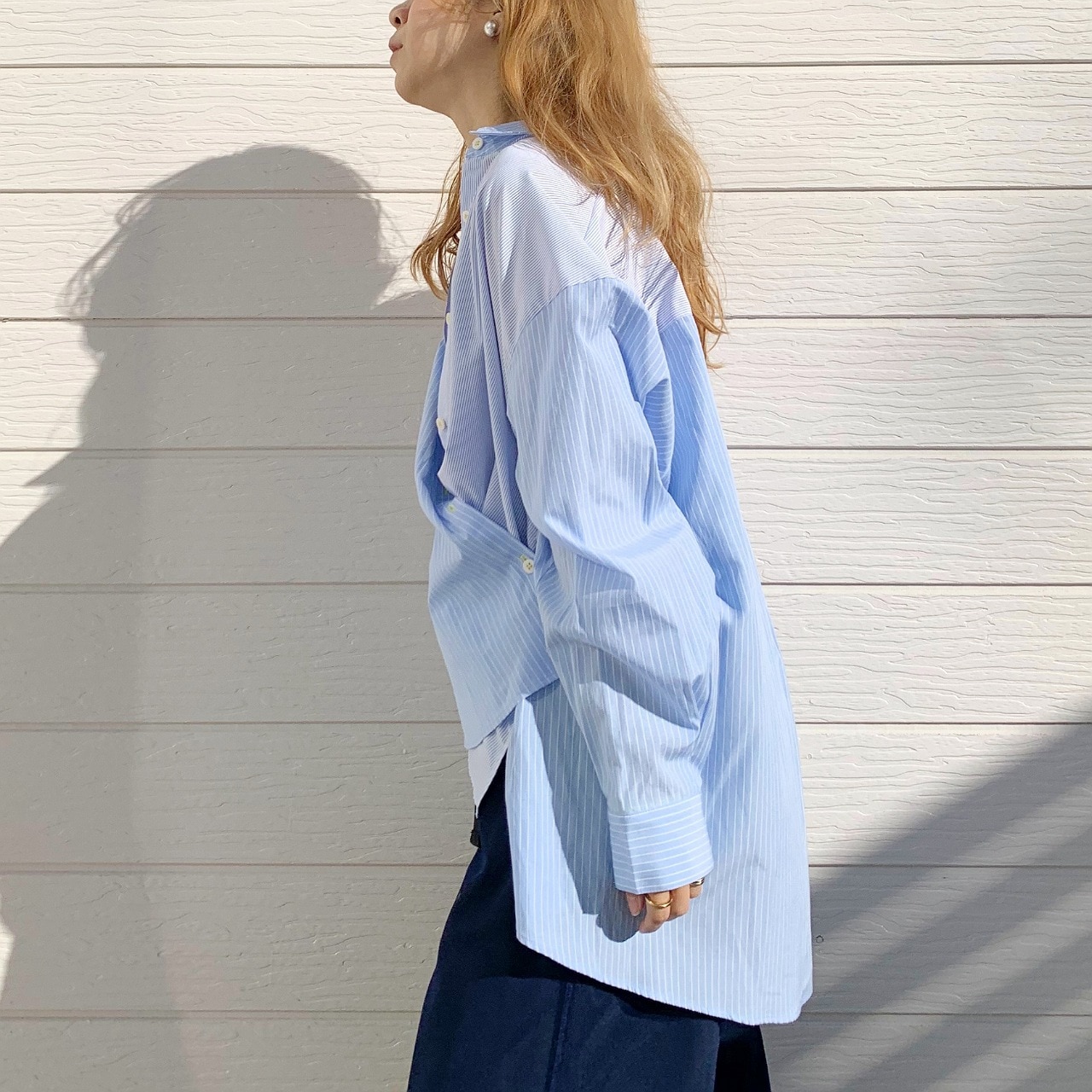 ストライプドッキングシャツ ブルー系 Free