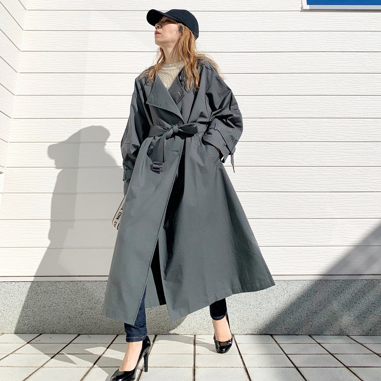 ノーカラートレンチコート グレー Free