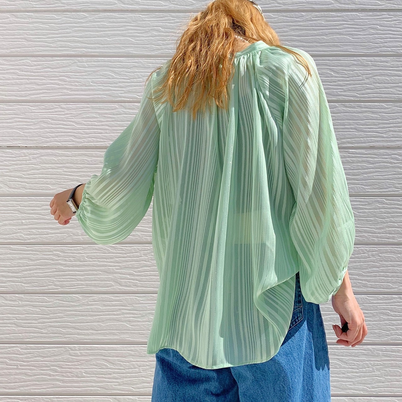 ラメストライプエアシャイブラウス グリーン Free