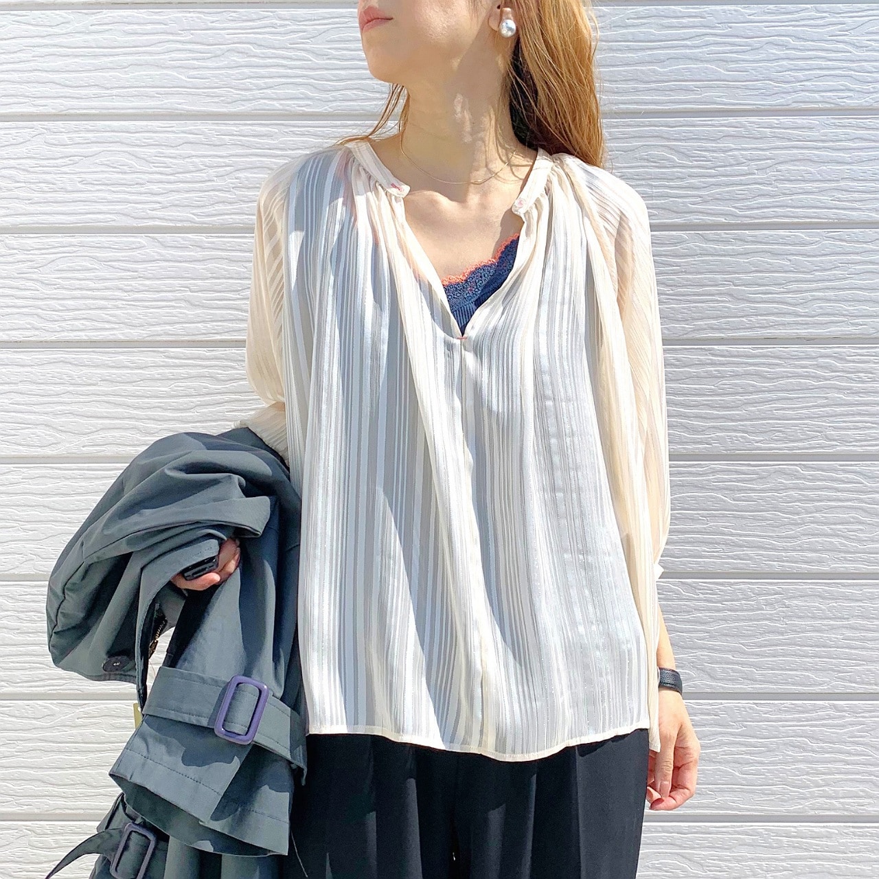 ラメストライプエアシャイブラウス アイボリー Free