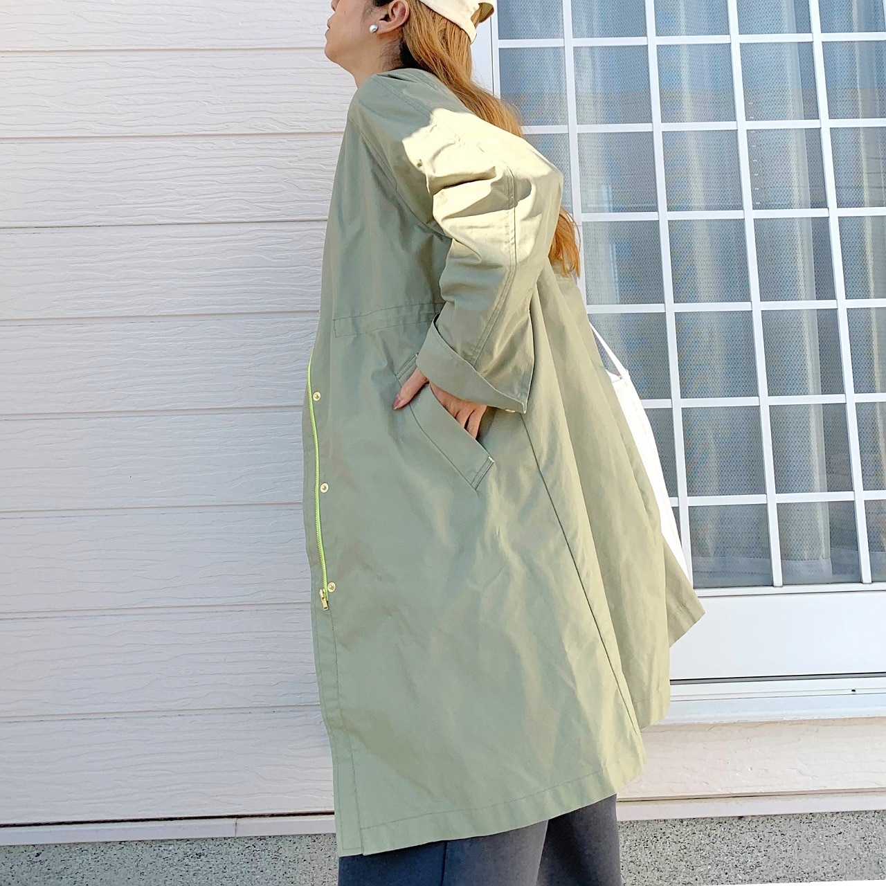 ノーカラードット釦コート ライトカーキ Free