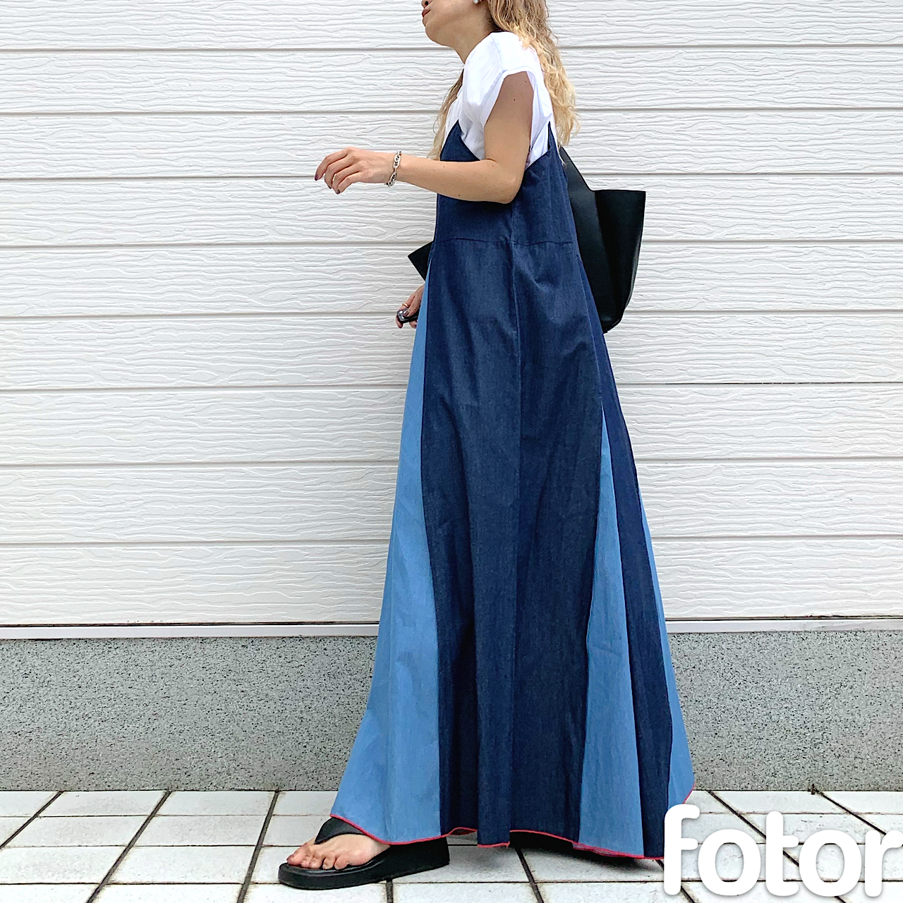 ライトデニムバイカラーキャミワンピ インディゴ Free