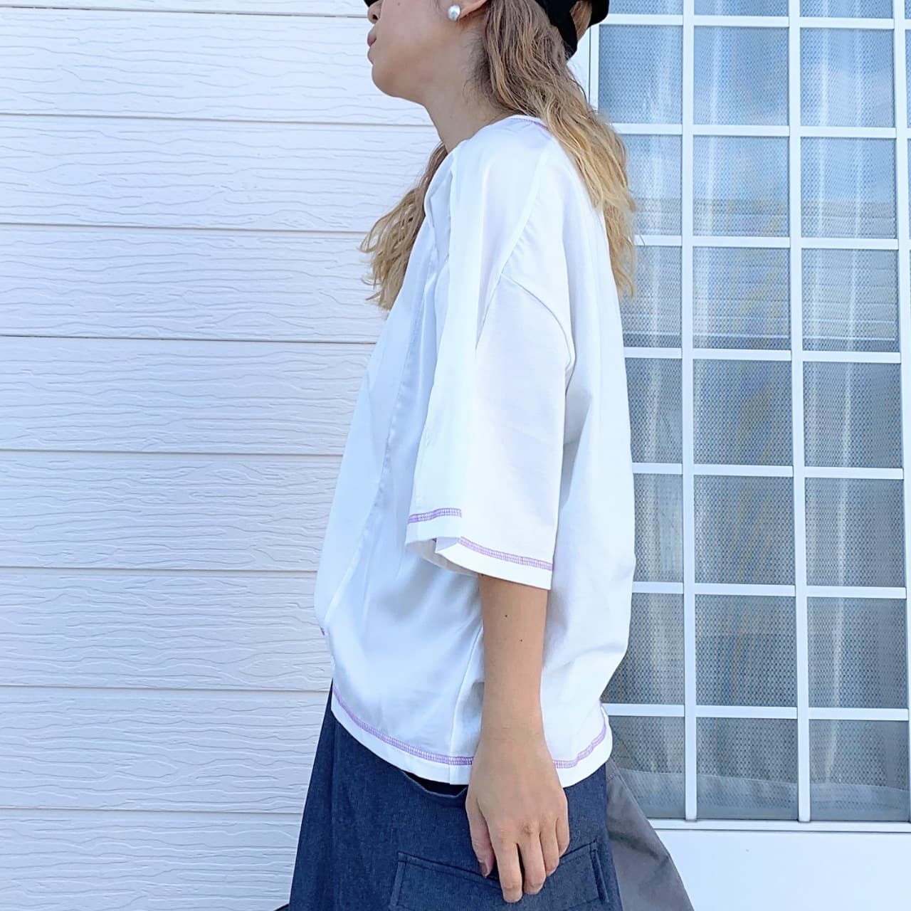 切替スクエアステッチトップス ホワイト Free