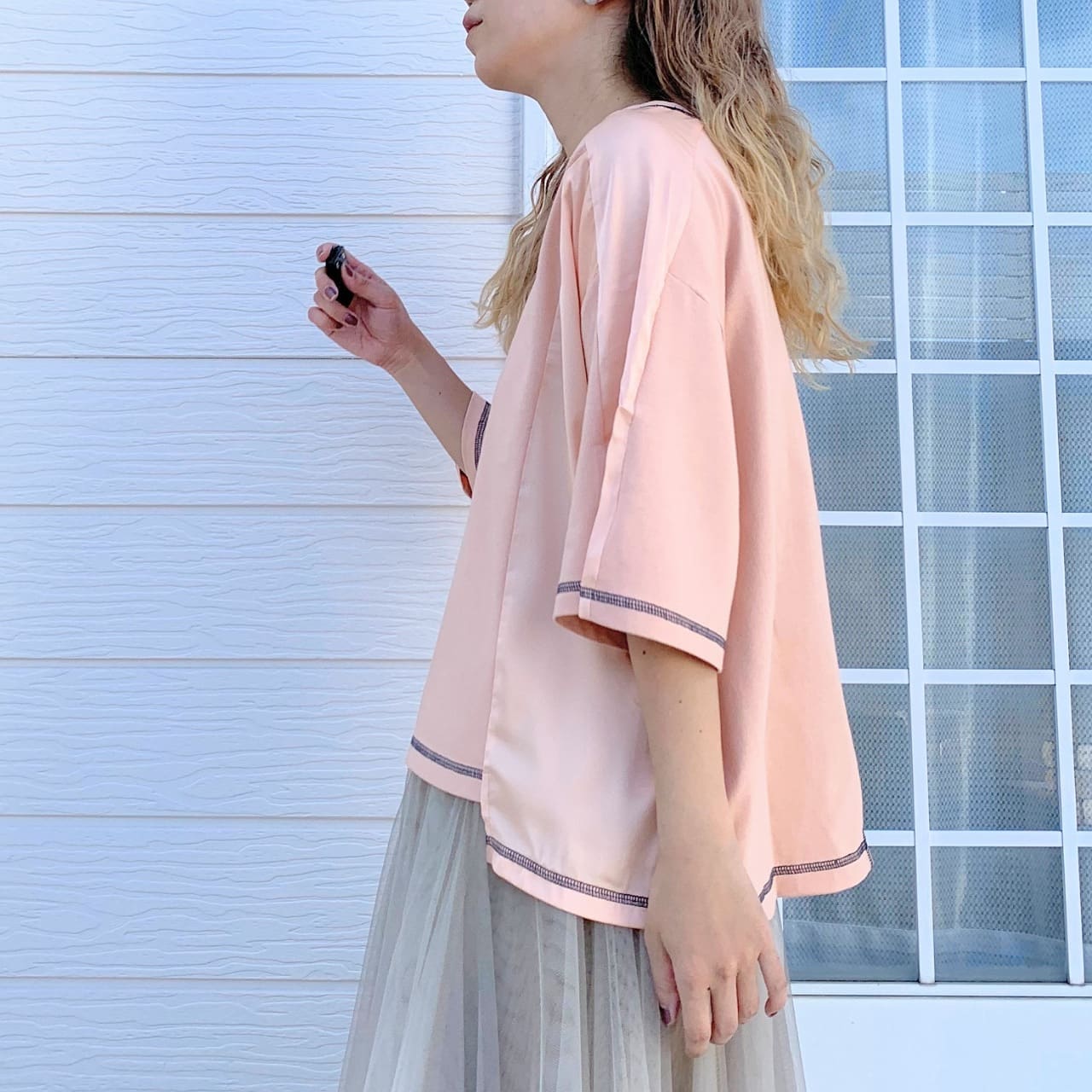 切替スクエアステッチトップス サーモンピンク Free