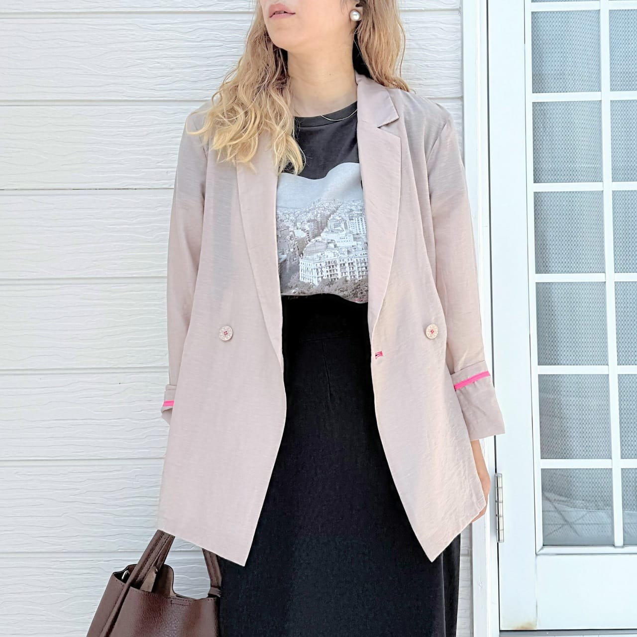 ダブルブレストリラックスジャケット ピンクベージュ Free