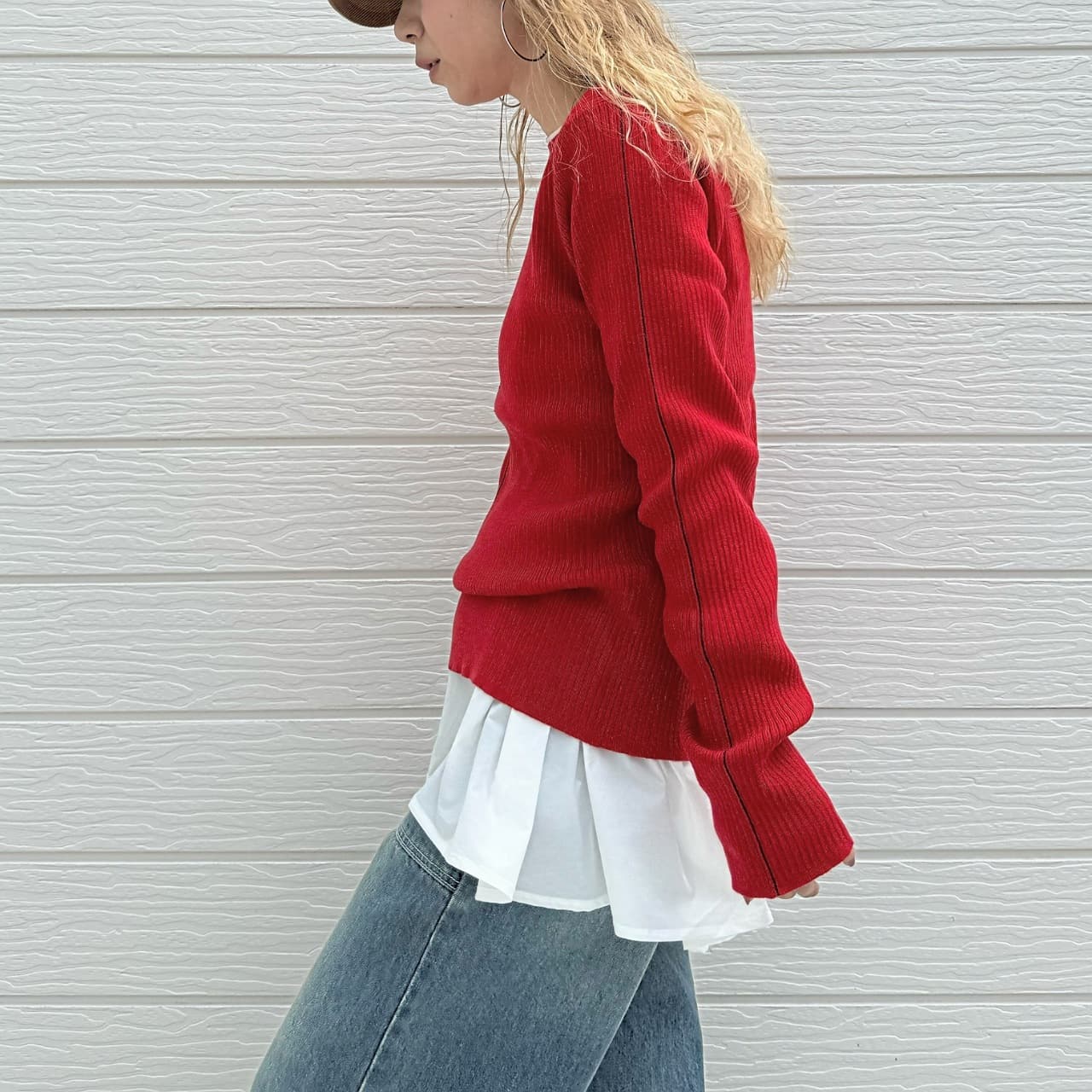 やわもちラインクルーネックニット レッド Free