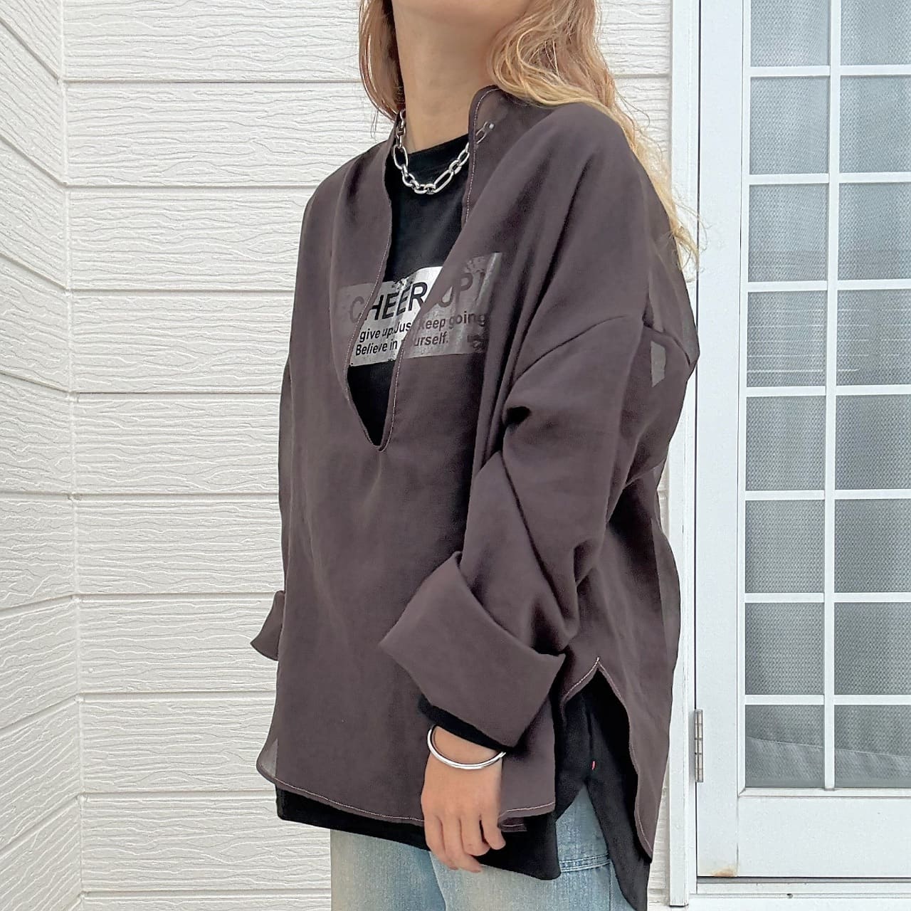 Deep Vキーネックブラウス ブラウン Free