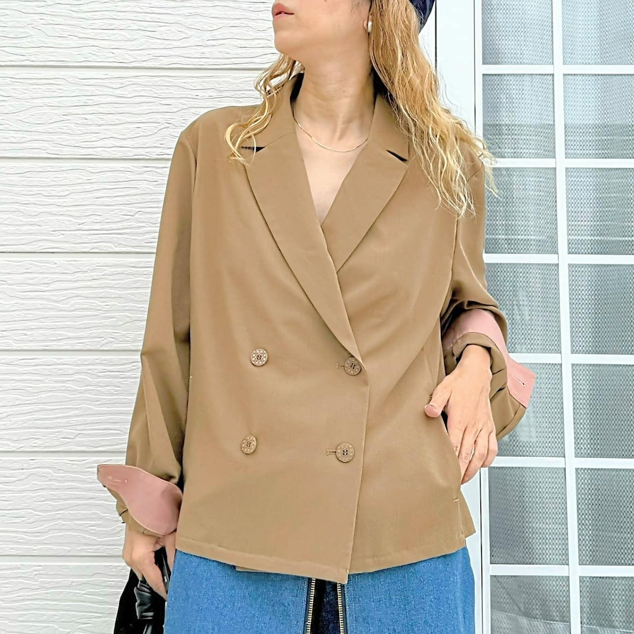 ダブルブレストバイカラージャケット キャメル Free