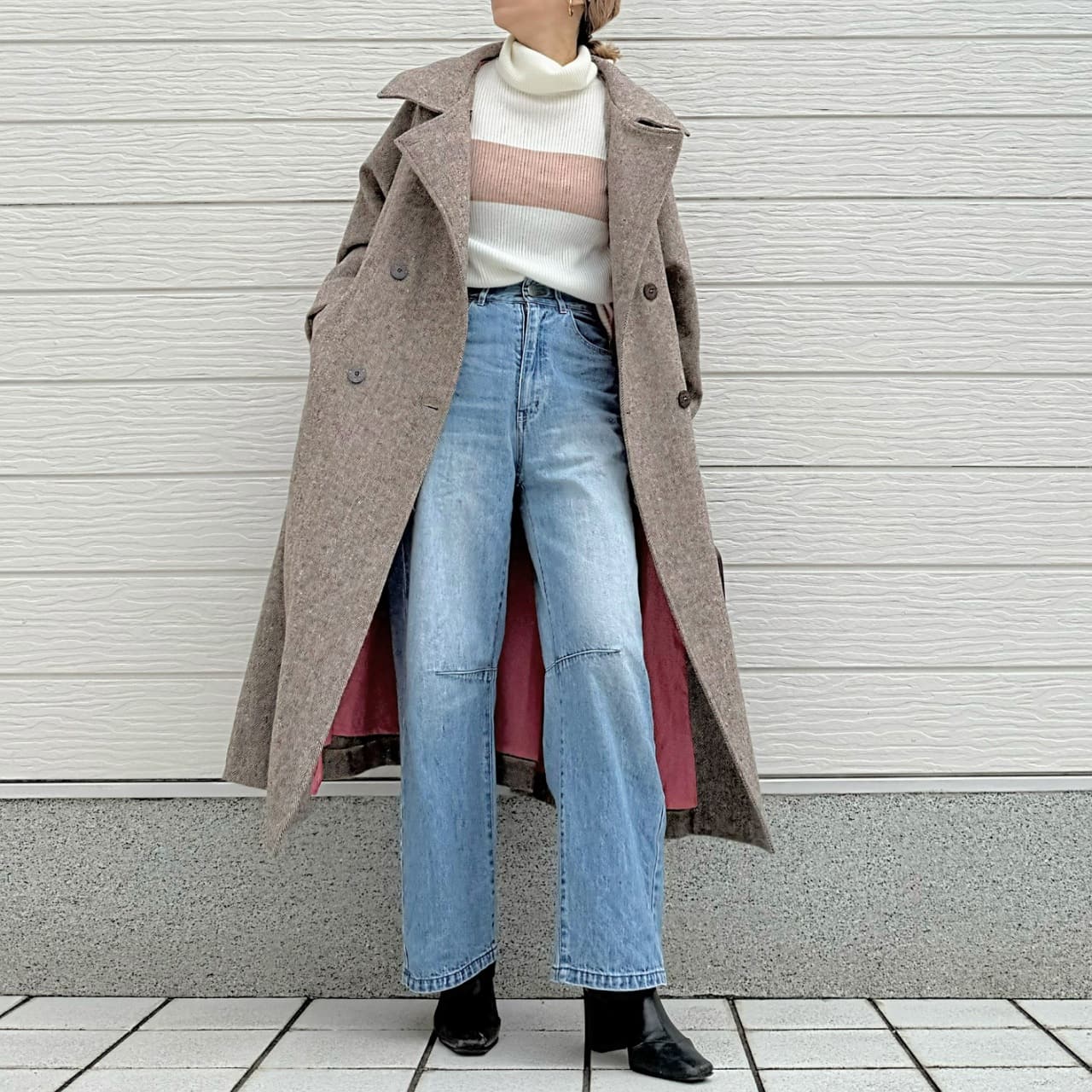 ヘリンボーンスタンドロングコート ブラウン Free