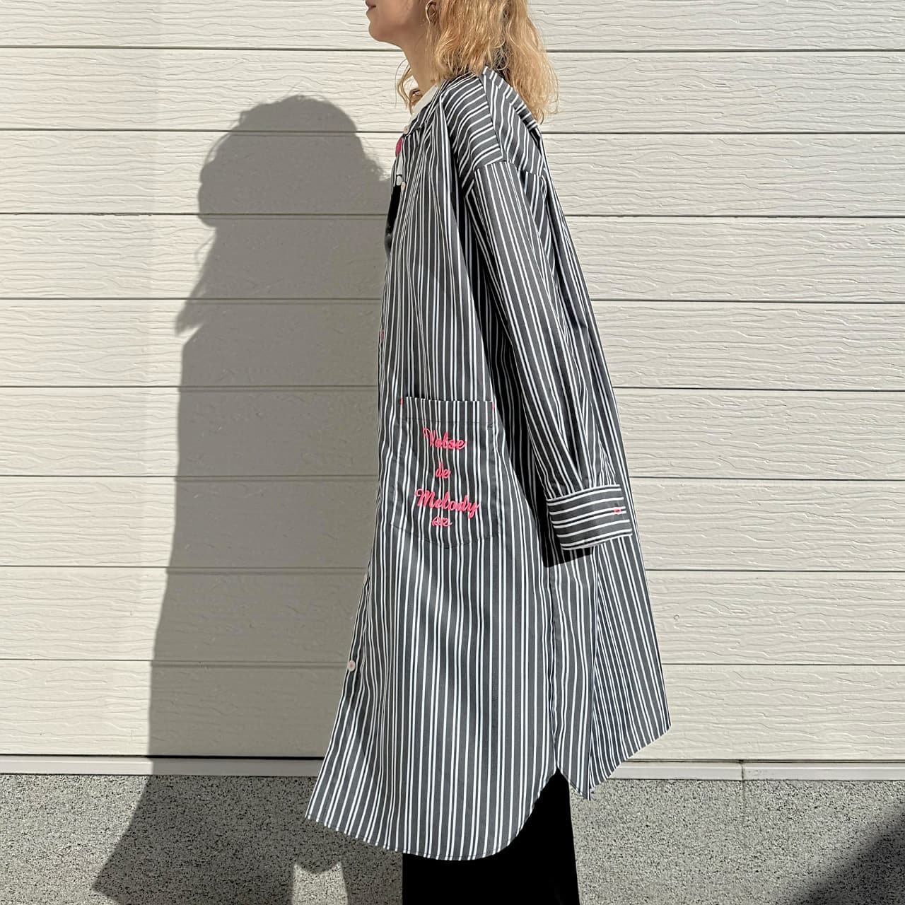 ポケット刺繍ロングシャツ ネイビー Free
