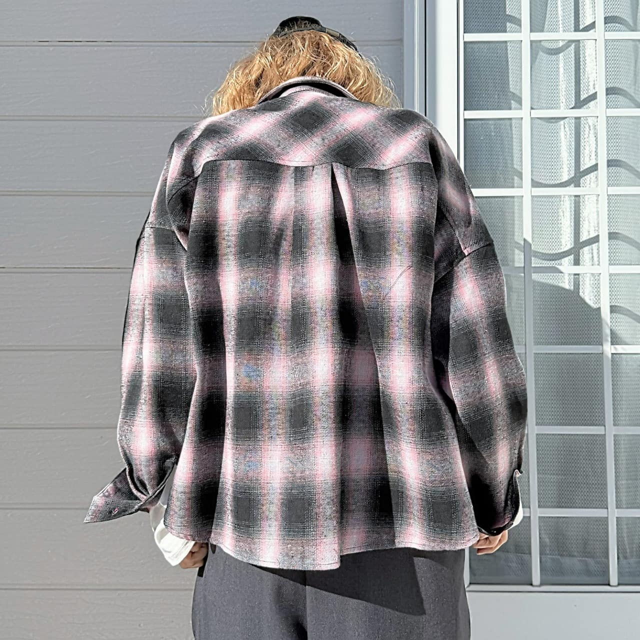 シャドーチェックオーバーサイズシャツ ピンク Free