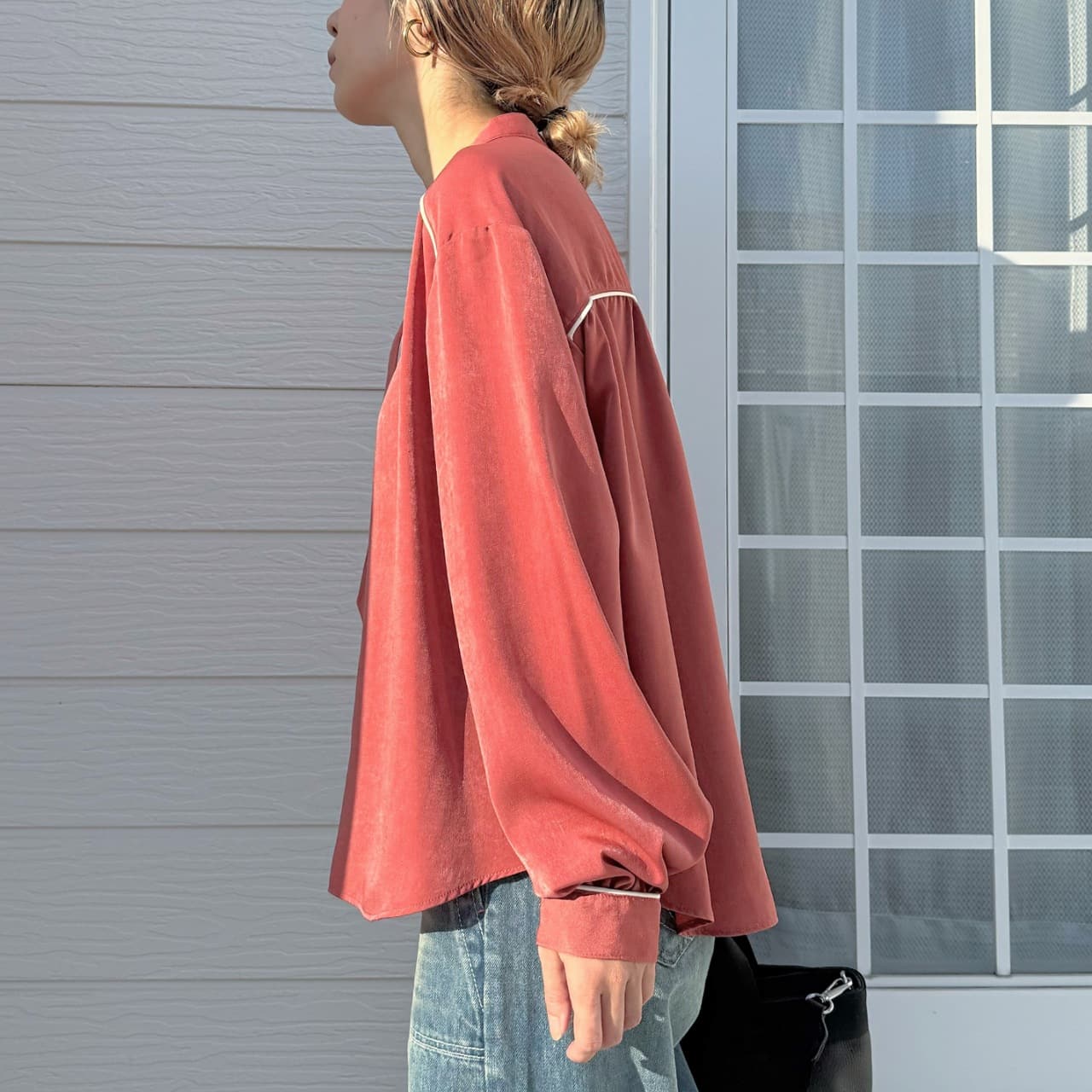 ラインボウタイブラウス テラコッタ Free