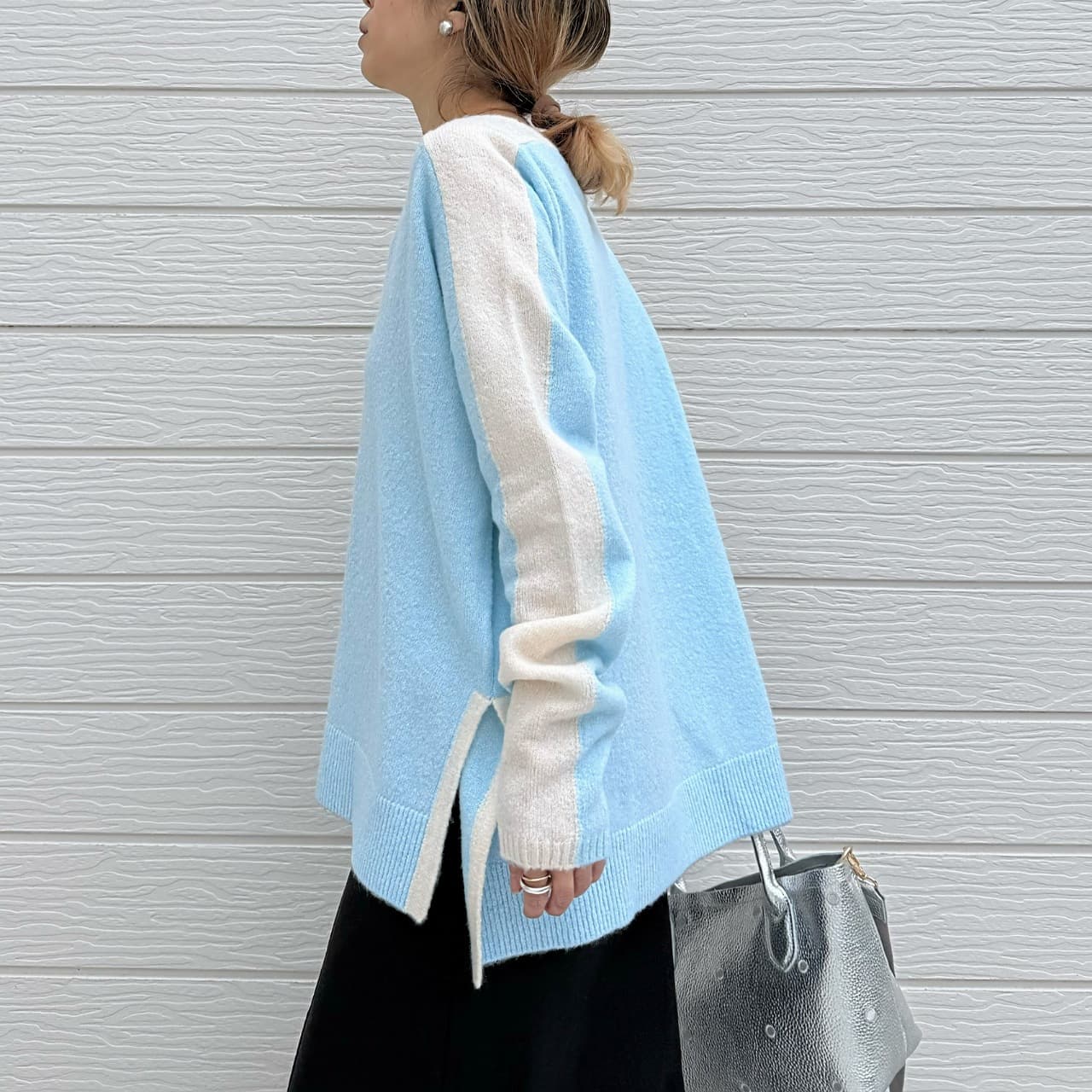 やわもちラインクルーネックニット ブルー Free