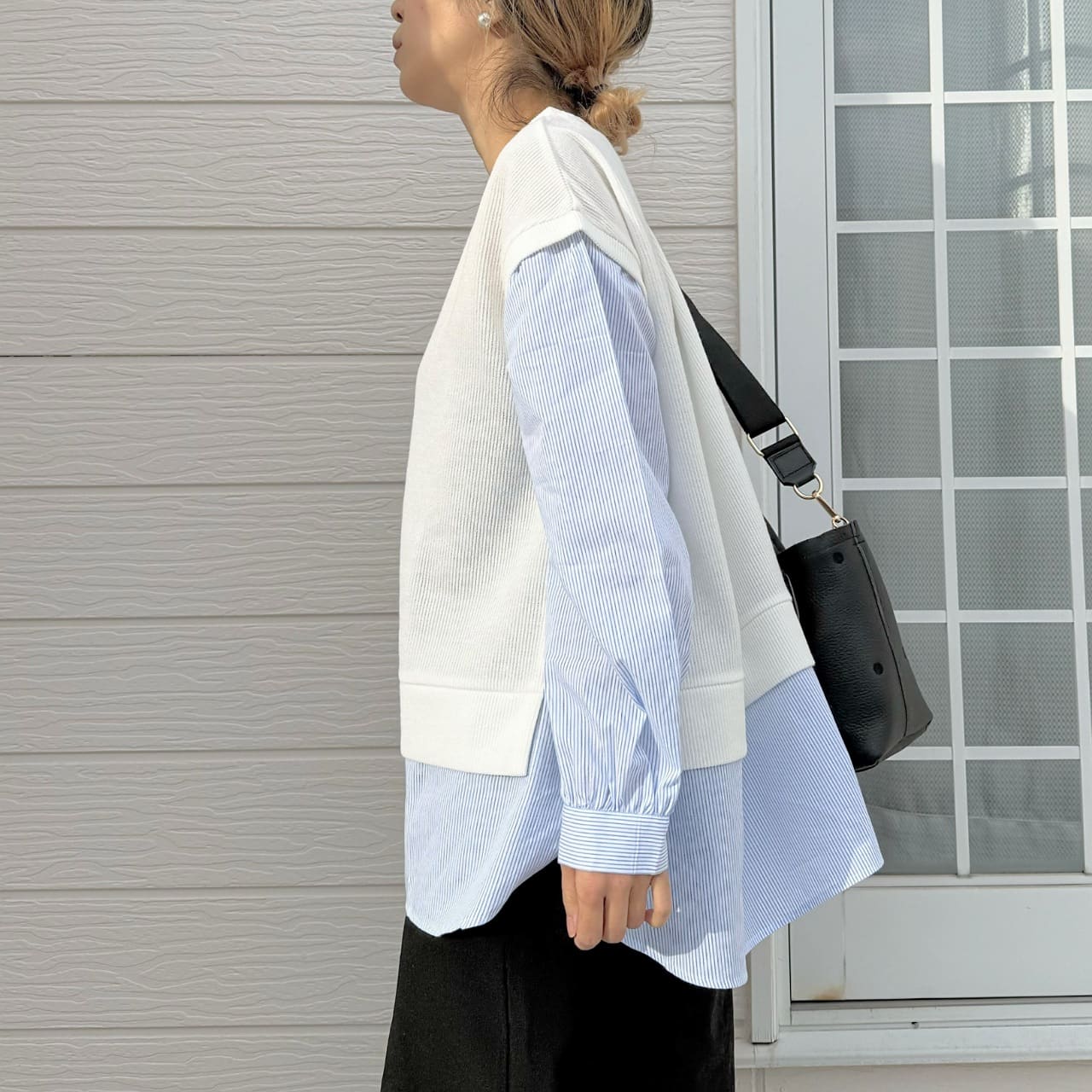 ストライプシャツドッキングニット ホワイト Free