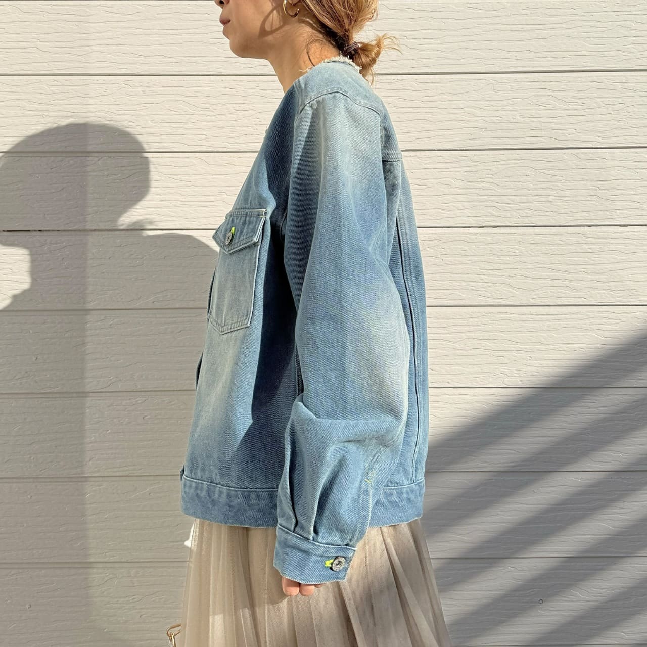 ノーカラーデニムブルゾン サックス Free