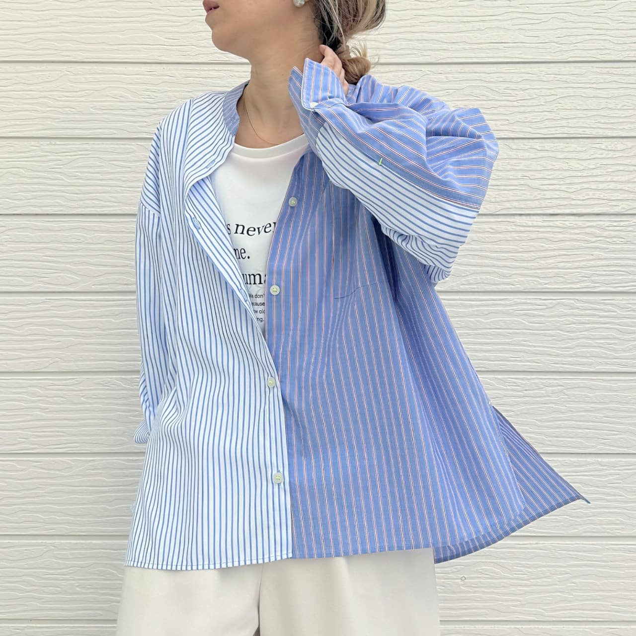 ミックスストライプシャツ ブルー系 Free