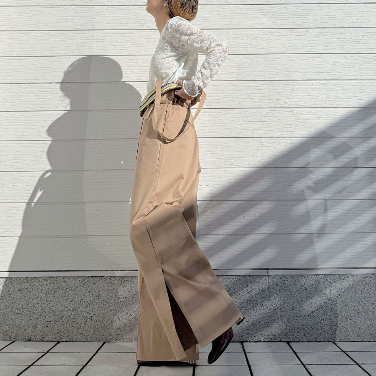 ボーダーリブサスペ2wayパンツ ベージュ Free