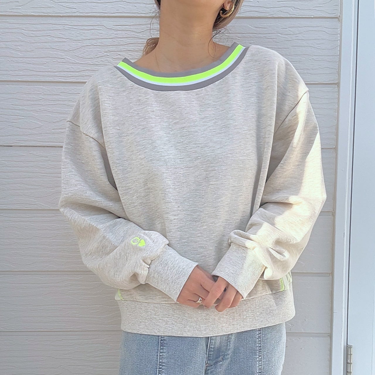 リブネックオープンZIPトップス ライトグレー Free