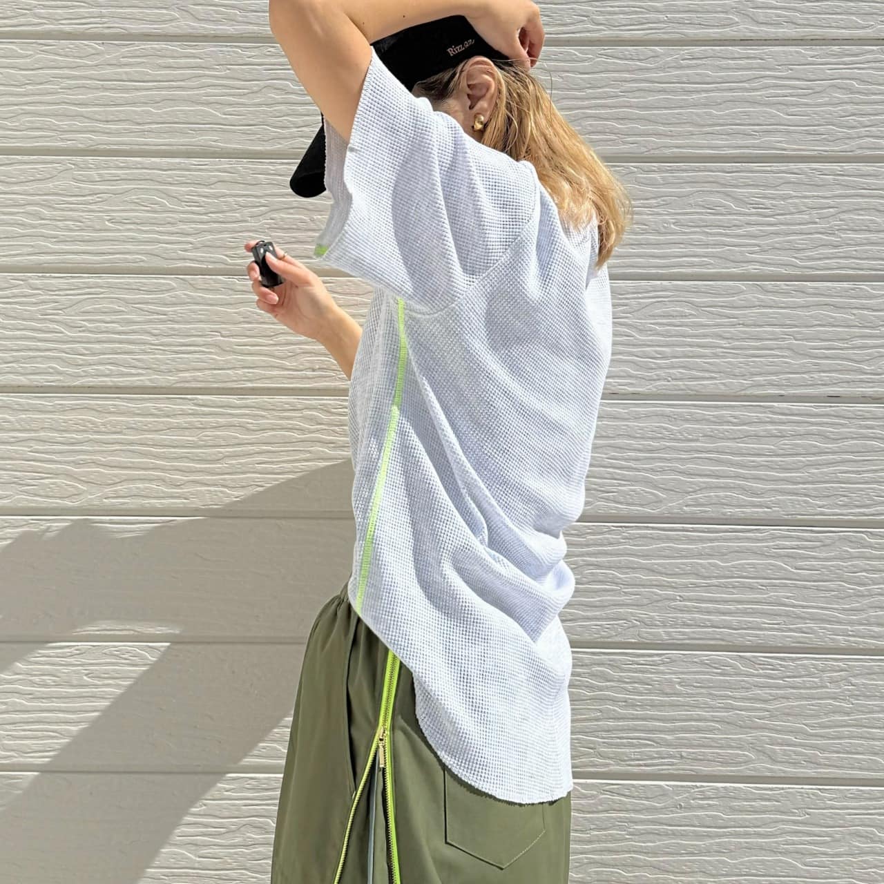 ワッフル半袖トップス グレー Free