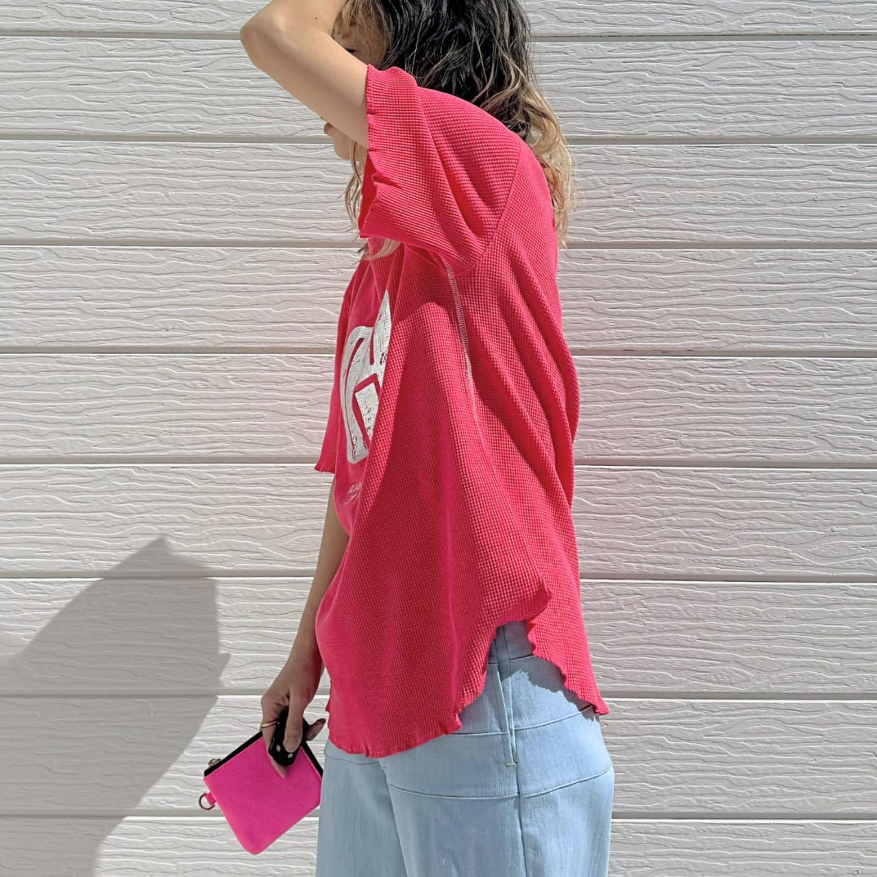 ワッフル半袖トップス レッド Free