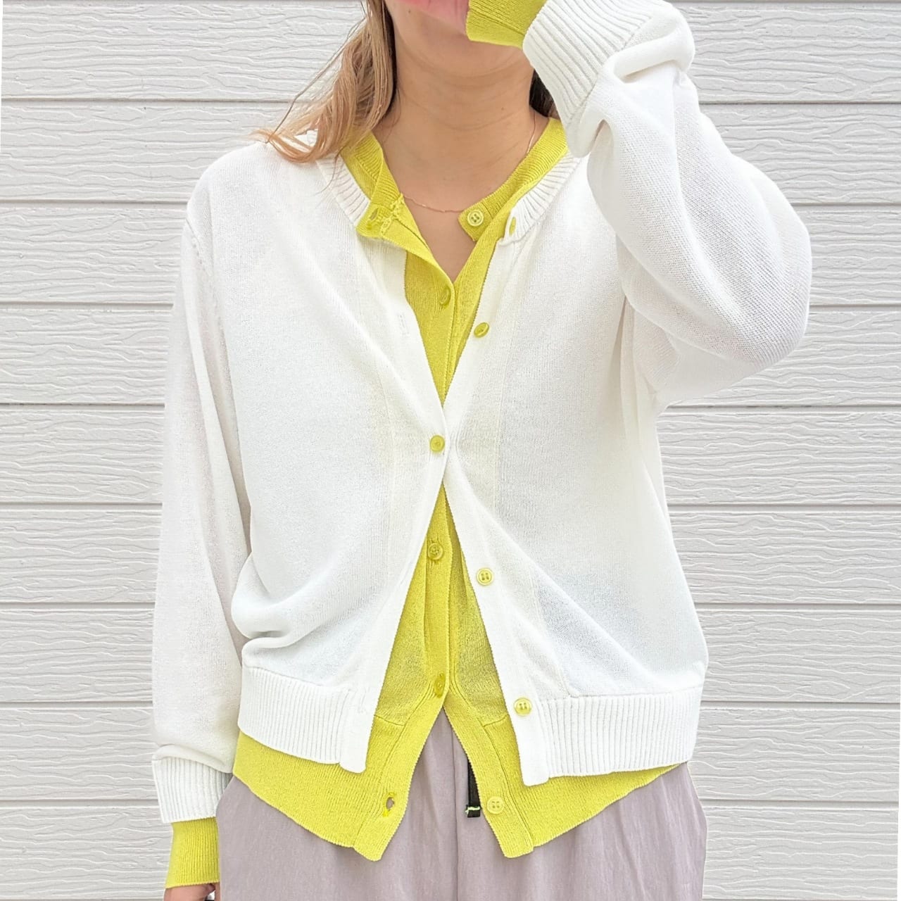 レイヤード風バイカラーカーデ ホワイト×イエロー Free