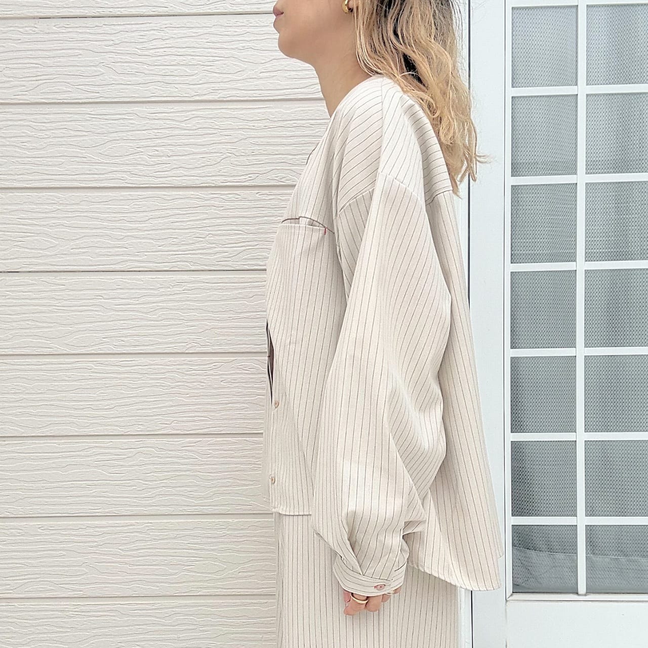 【セットアップ対応アイテム】ストライプシャツジャケット アイボリー Free