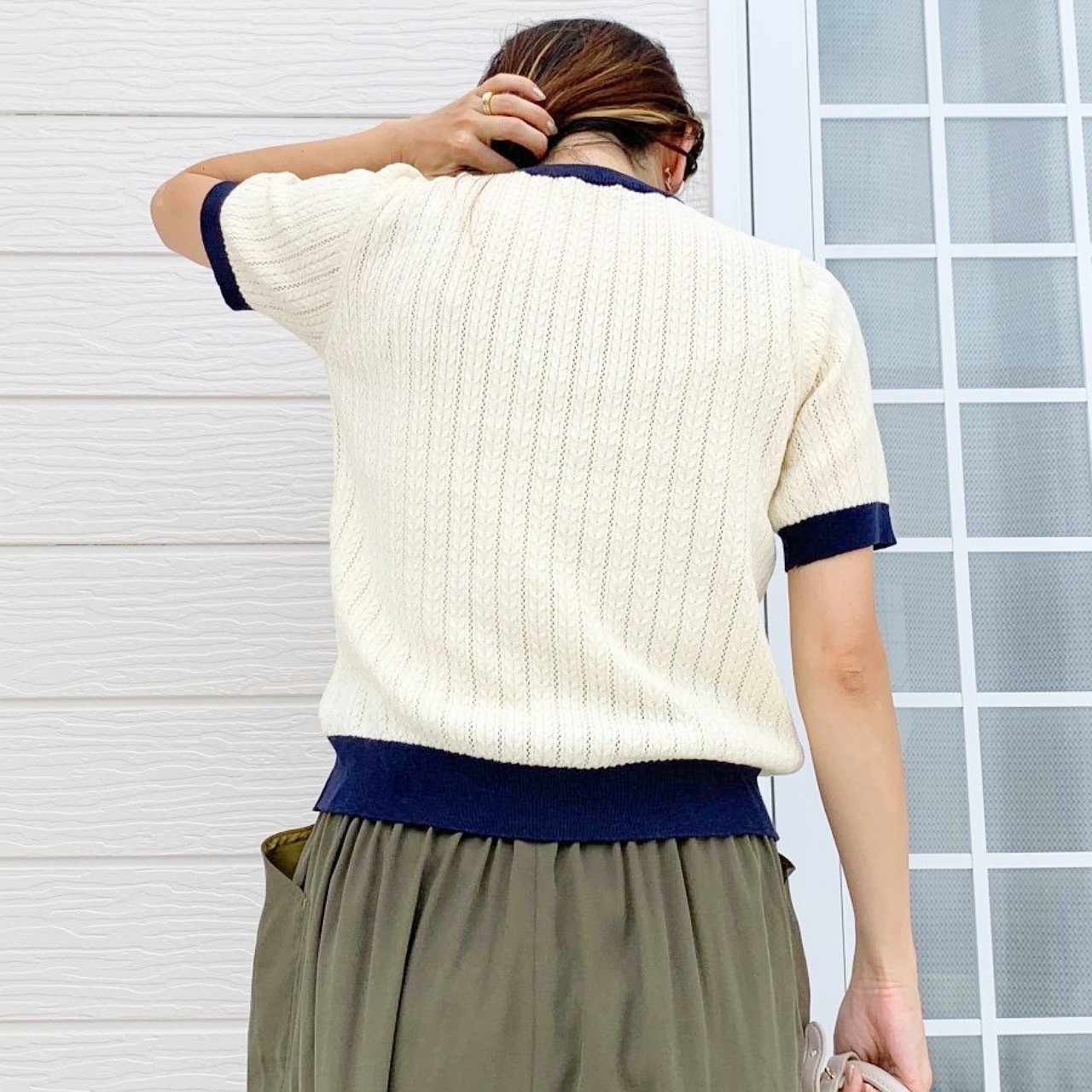 バイカラーケーブル半袖ニット アイボリー Free