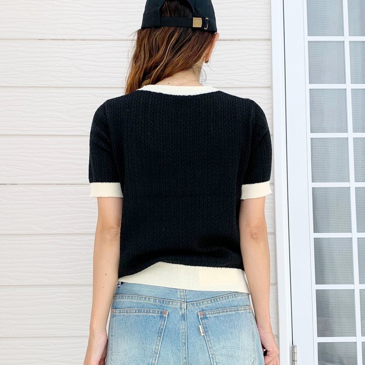 バイカラーケーブル半袖ニット ブラック Free