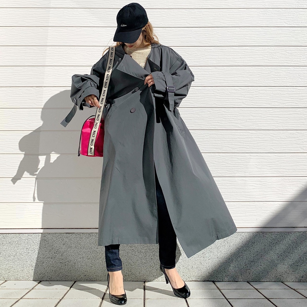 ノーカラートレンチコート グレー Free